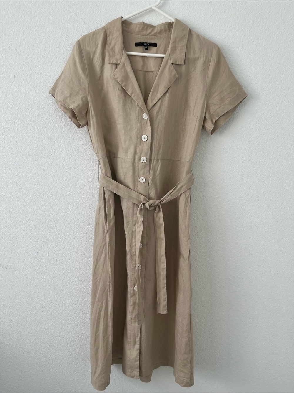 Quince Beige Short Sleeve Button-Front Midi Dress with Self-Tie Belt